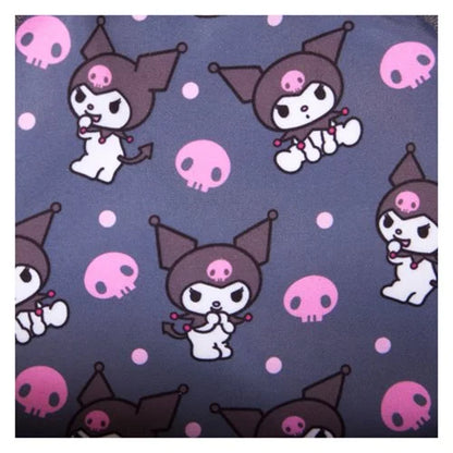 Pattern of Kuromi in hats with pink skulls on a dark blue background