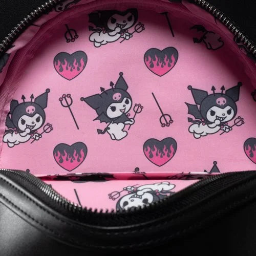 Close-up of a pink patterned bag with Kuromi-themed designs and hearts.