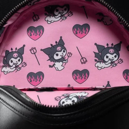 Close-up of a pink patterned bag with Kuromi-themed designs and hearts.