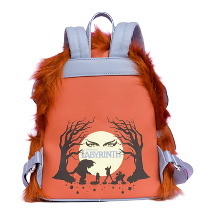 Backpack with orange back panel featuring 'Labyrinth' design on a white background