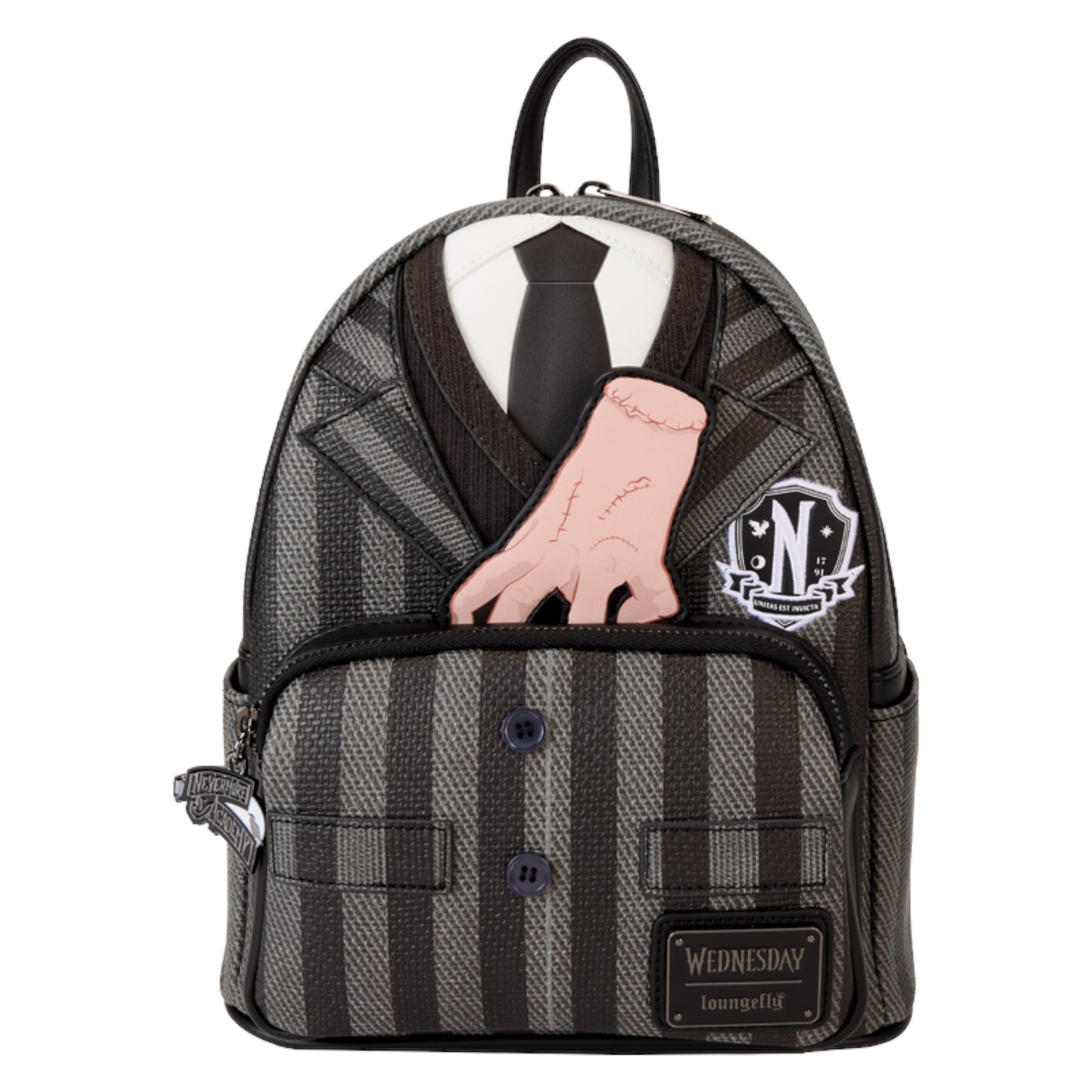 Mini backpack designed like a Wednesday Addams uniform from the Netflix series with a tie, logo, and 'Thing' on a white background