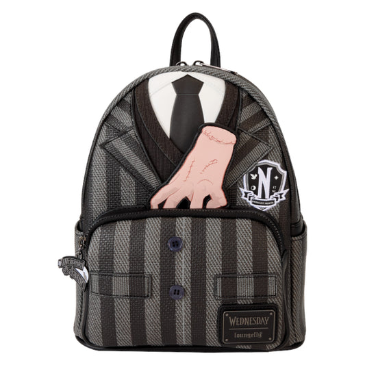 Mini backpack designed like a Wednesday Addams uniform from the Netflix series with a tie, logo, and 'Thing' on a white background