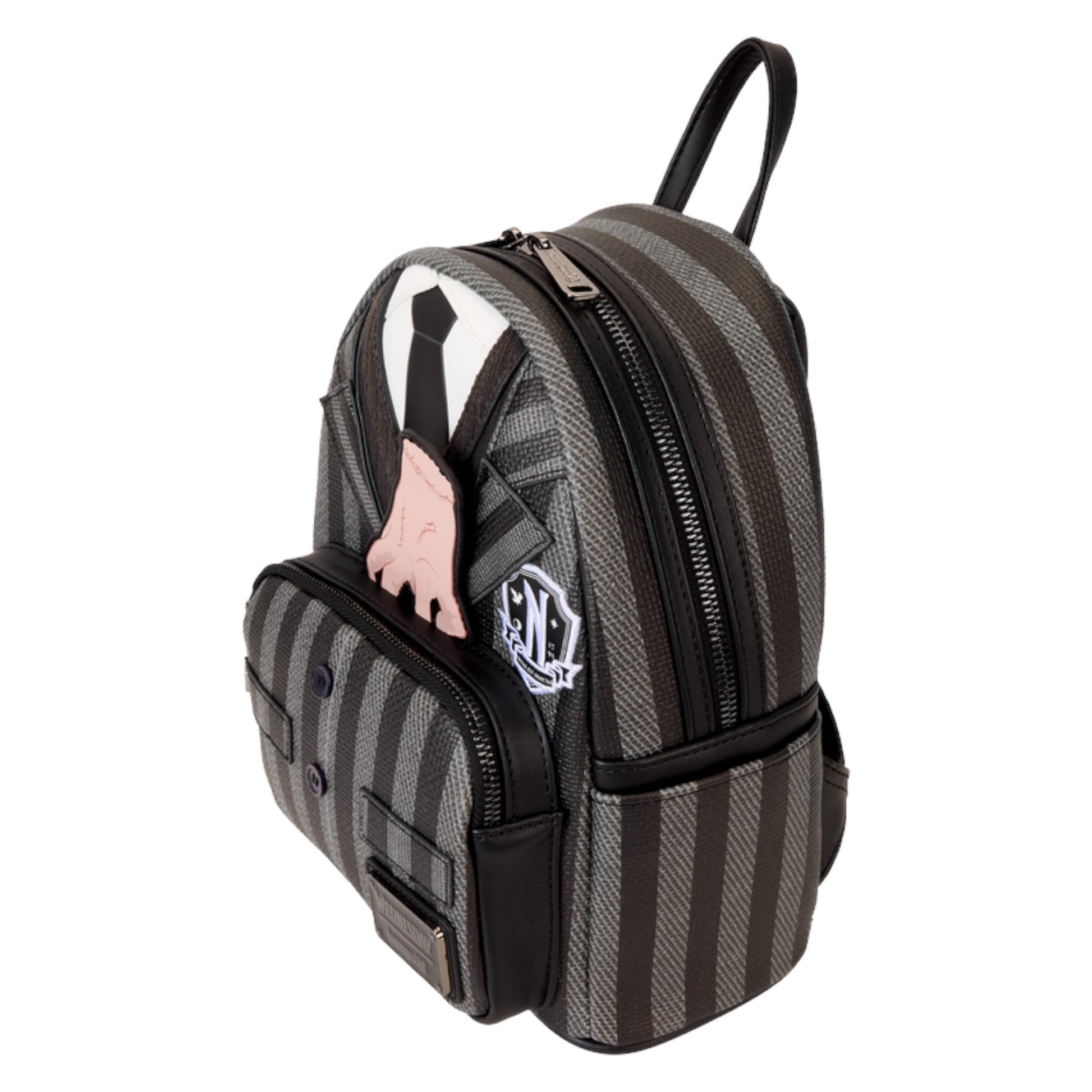 Striped backpack with a visible brand logo on a white background