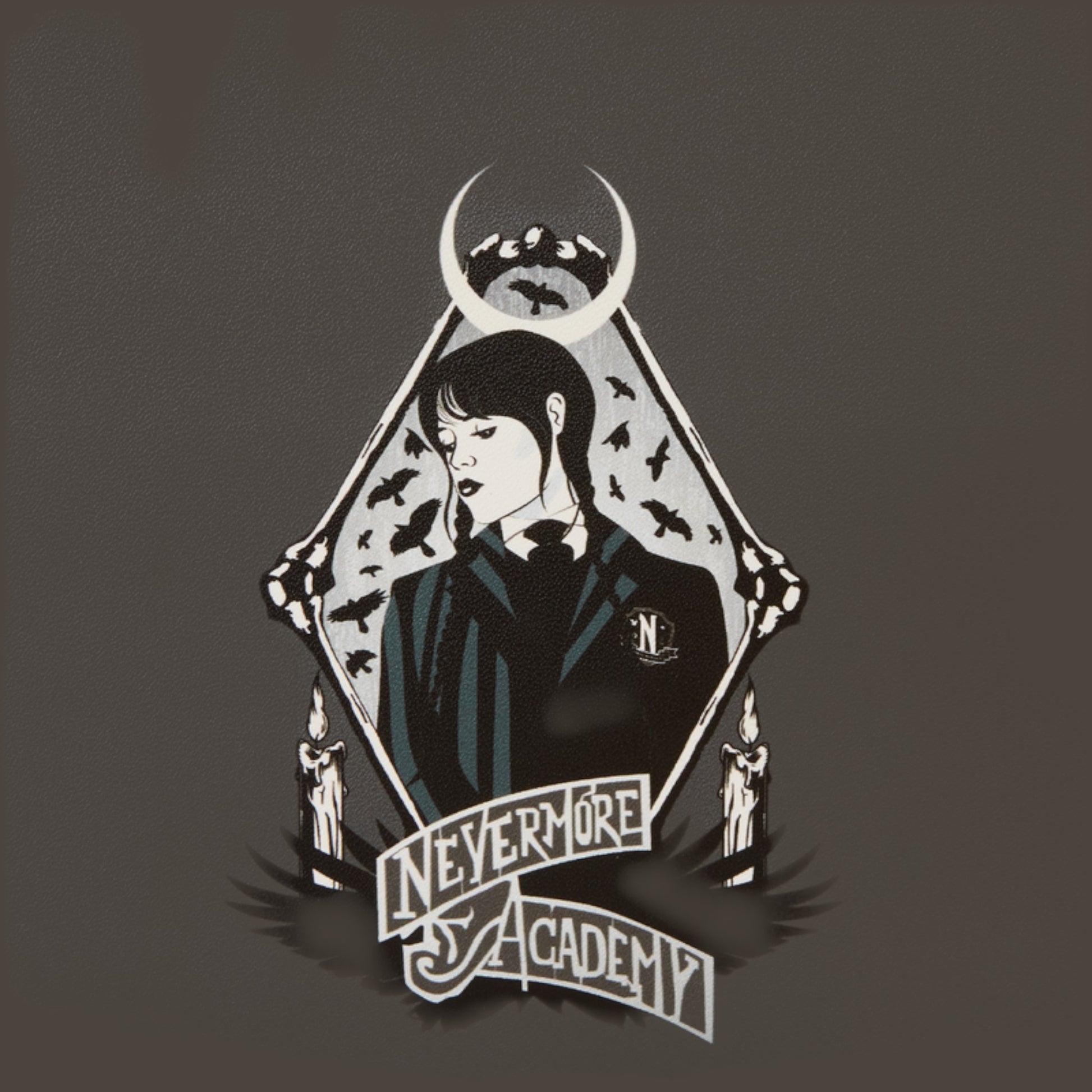 Illustration of a Wednesday with a crescent moon and bats, surrounded by the text 'Nevermore Academy' on a dark background.