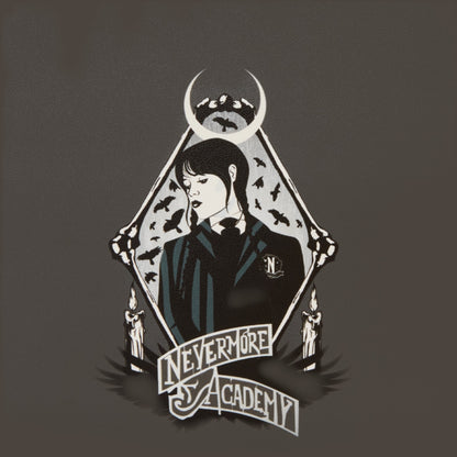 Illustration of a Wednesday with a crescent moon and bats, surrounded by the text 'Nevermore Academy' on a dark background.