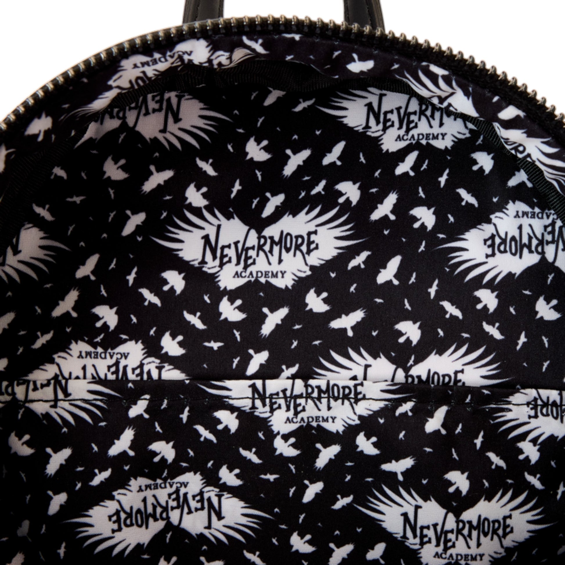 Backpack with 'Nevermore Academy' pattern on a black background
