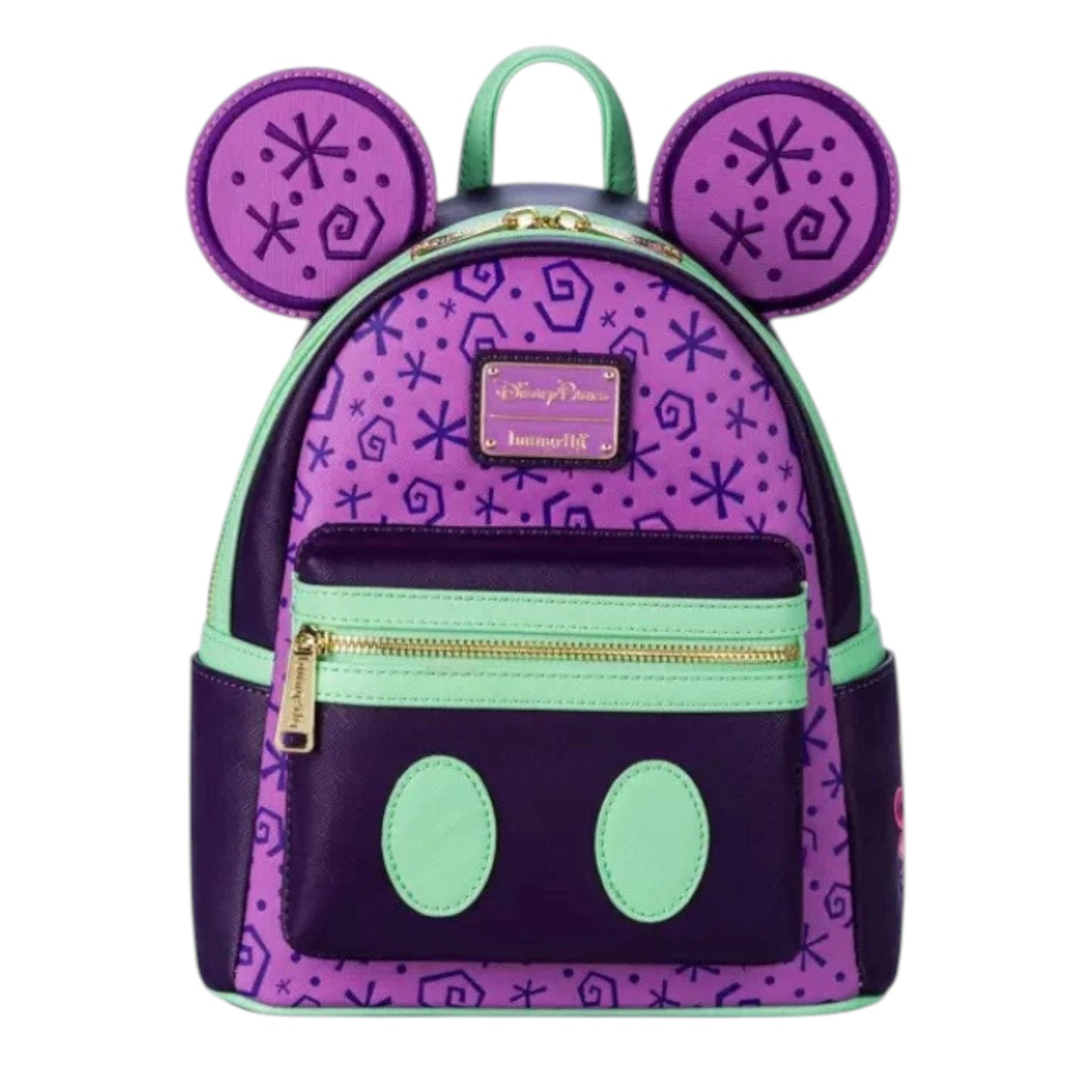 Purple backpack with Mickey Mouse ears and design, featuring a visible Disney Loungefly brand logo.