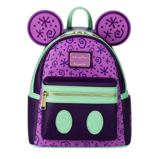 Purple backpack with Mickey Mouse ears and design, featuring a visible Disney Loungefly brand logo.