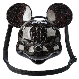 Front view Mickey Mouse Black Glitter Molded Head Crossbody Bag on a white background