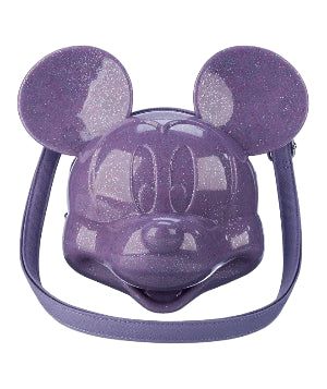 Front view Mickey Mouse Purple Glitter Molded Head Crossbody Bag on a white background