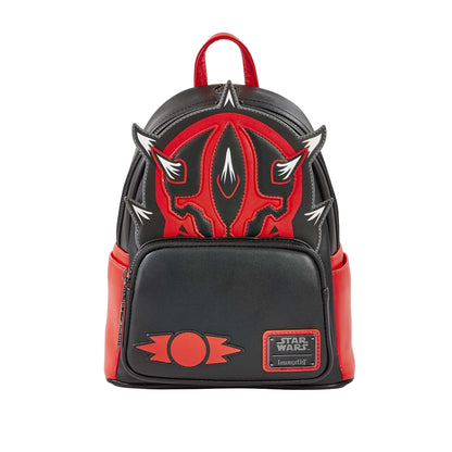 Front view Star Wars Darth Maul Sith mini backpack with Star Wars and Loungefly logo on a white background 