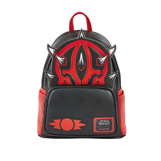 Front view Star Wars Darth Maul Sith mini backpack with Star Wars and Loungefly logo on a white background 