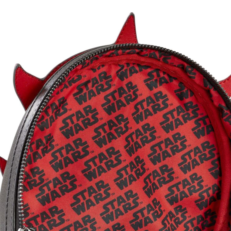 Inside view of Star Wars Darth Maul Sith mini backpack with 'Star Wars' writing in black on a white background