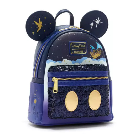 Blue backpack with Disney Parks Loungefly logo and starry night design on a white background