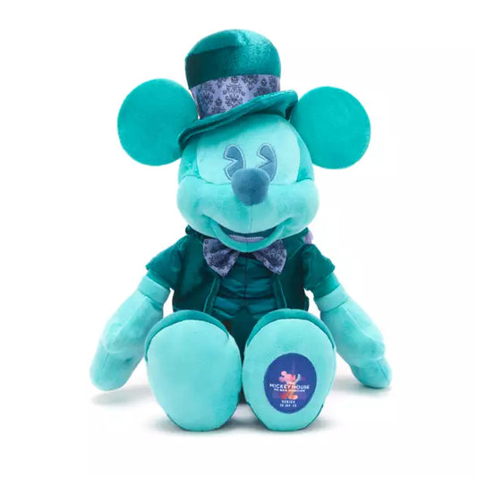 Inspired by the Haunted Mansion, Mickey Mouse is in a teal outfit with a top hat on a white background