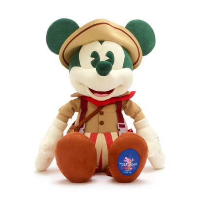 Mickey Mouse in a safari outfit with a hat on a white background