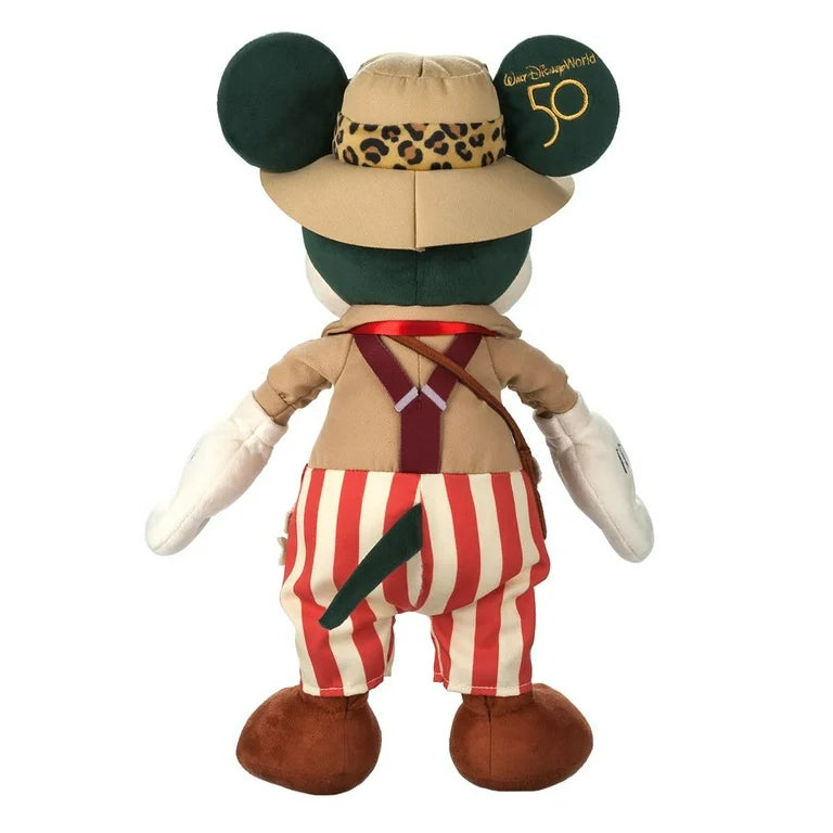 Mickey Mouse in safari attire with a hat and striped pants on a white background