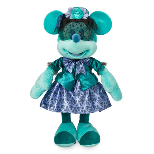 Haunted Mansion inspired Minnie Mouse in a teal and blue dress on a white background