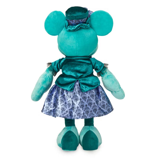 Haunted Mansion inspired Minnie Mouse with teal outfit and HM wallpaper skirt on a white background