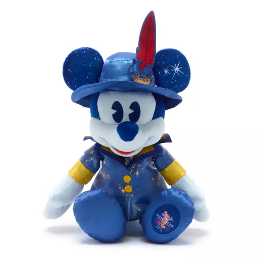 Mickey Mouse in a blue outfit inspired by Peter Pan with a red feather on a white background