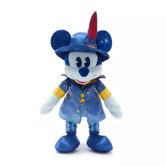 Mickey Mouse in a blue outfit inspired by Peter Pan with a hat on a white background
