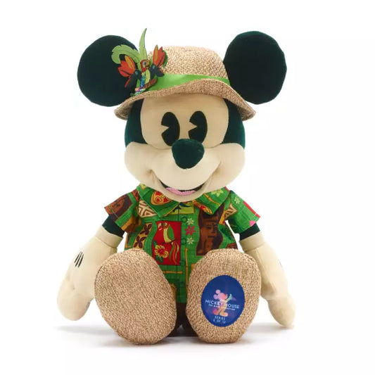 Tiki Room inspired Mickey Mouse in  tropical attire with a hat and floral decorations on a white background.