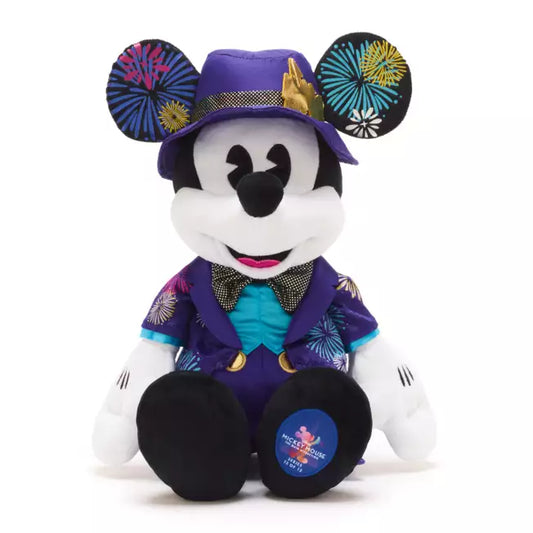 Mickey Mouse in a purple outfit with festive hat on a white background