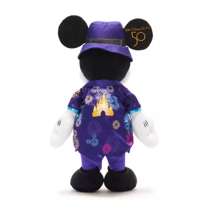 Mickey Mouse is in a purple outfit featuring a castle design on a white background