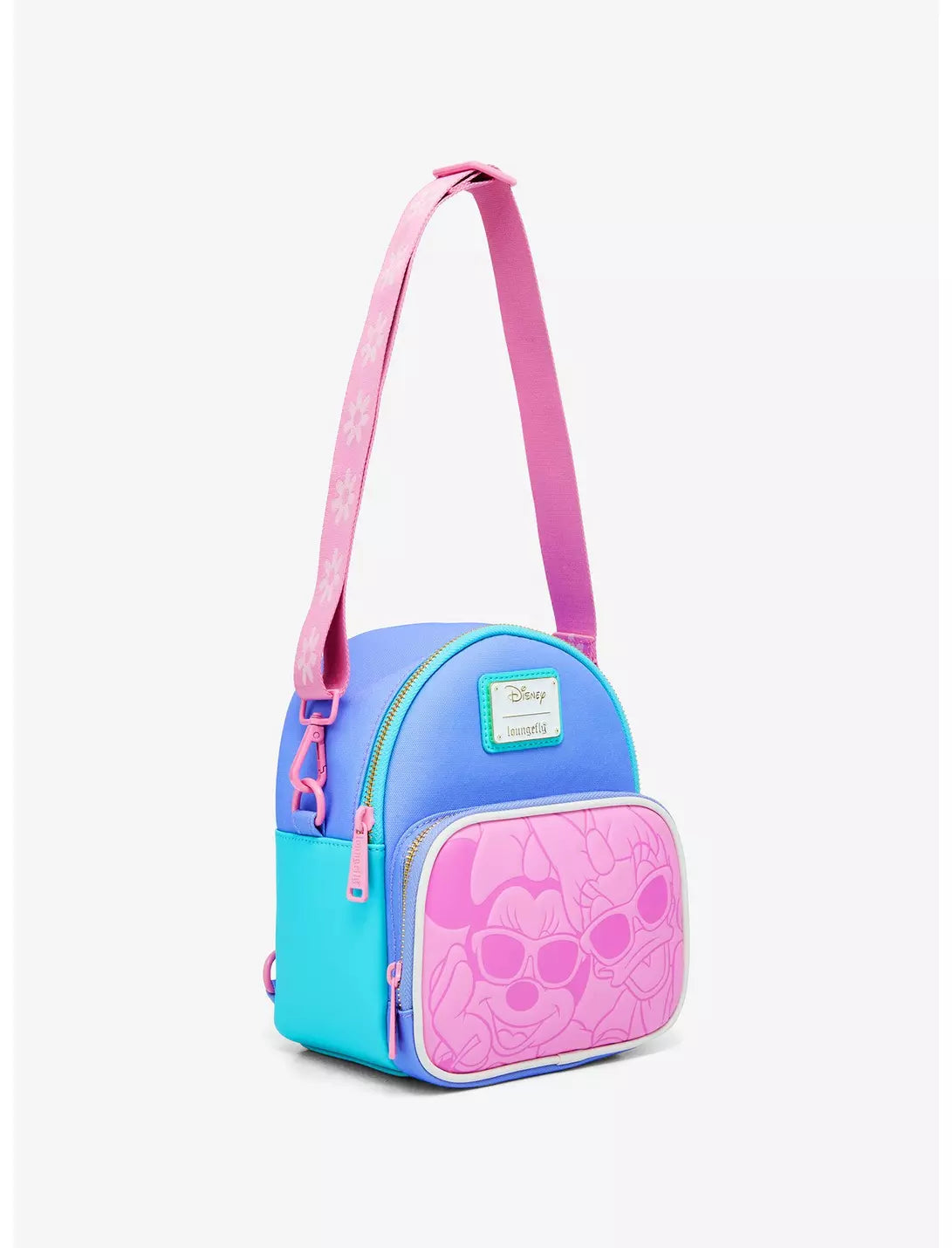 Crossbody view of blue and pink bag with Minnie Mouse and Daisy Duck on a white background