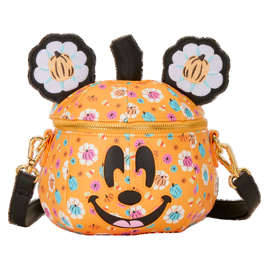 Floral and pumpkin-patterned bag with Minnie Mouse face and flower Minnie ear design on a white background