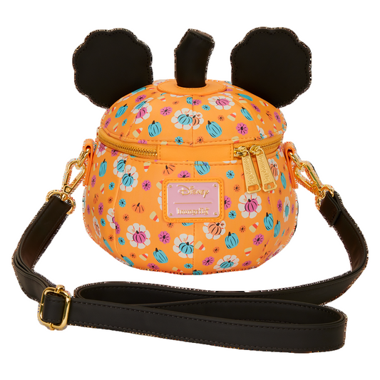 Floral and pumpkin-patterned bag with Minnie ear design and a strap on a white background