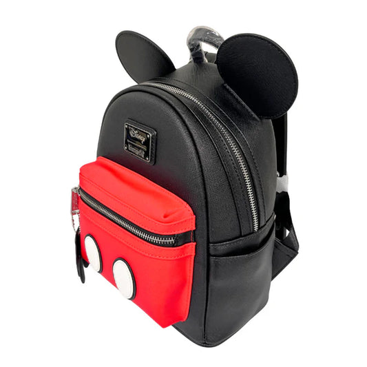Black mini backpack with red front pocket and Mickey Mouse ears on a white background