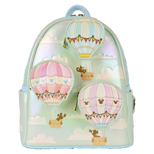Front view of Mickey & Friends Hot Air Balloon Mini Backpack with hot air balloon design on a white background