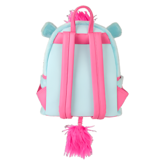 Backpack with pink straps and fluffy accents on a white background