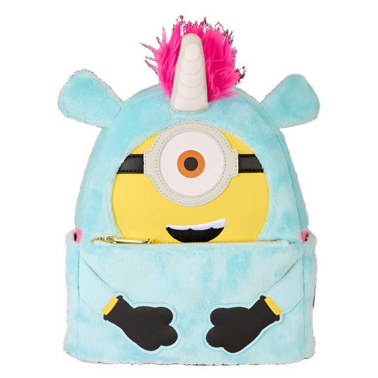 Backpack with a Minion in a unicorn costume featuring a unicorn horn and pink hair on a white background.