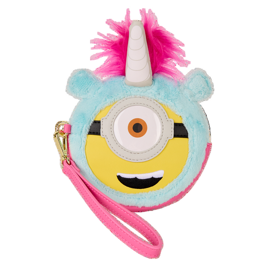 Unicorn-themed minion plush wristlet wallet with pink hair on a white background