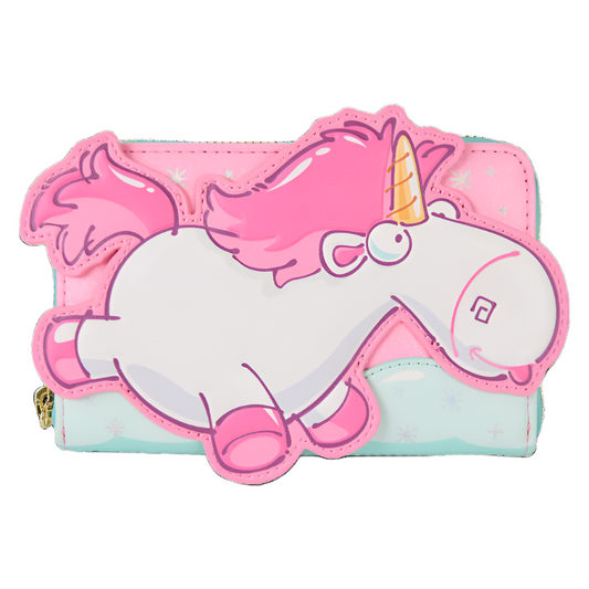 "Fluffy" unicorn-shaped wallet with pink mane and horn on a white background