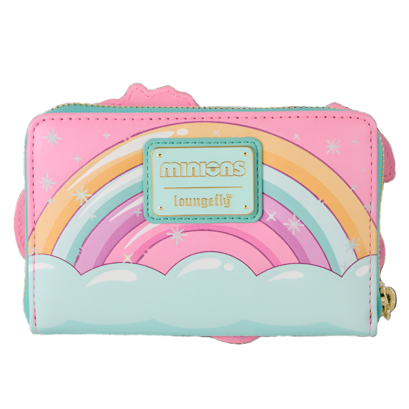Pink and teal wallet with rainbow design and 'Minions' branding on a white background