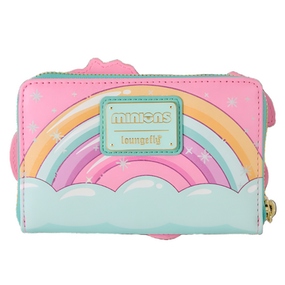 Pink and teal wallet with rainbow design and 'Minions' branding on a white background