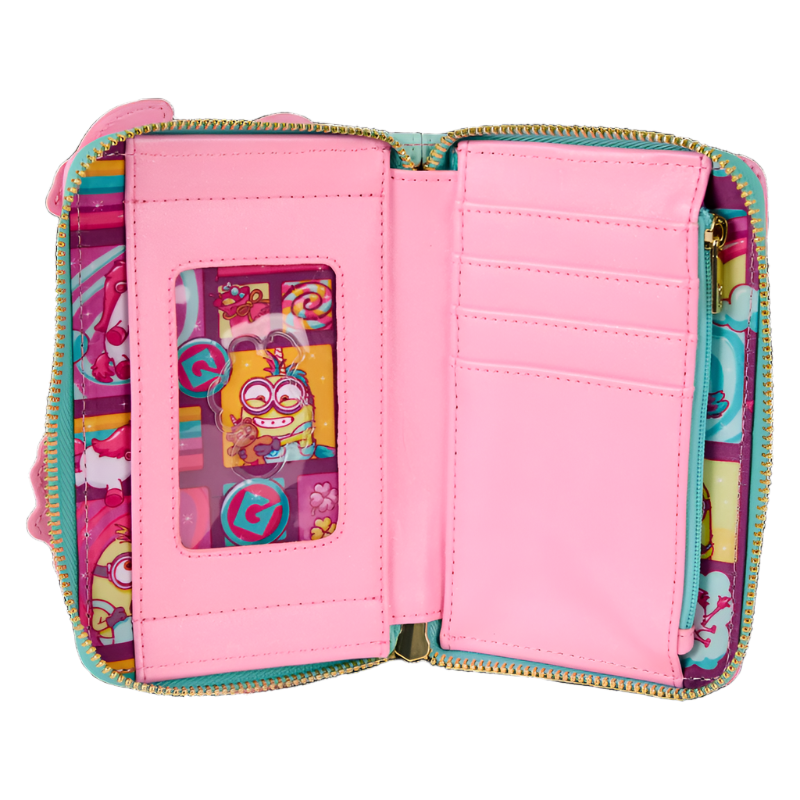 Pink wallet with colorful interior and Bob the Minion with Timothy the bear on a white background