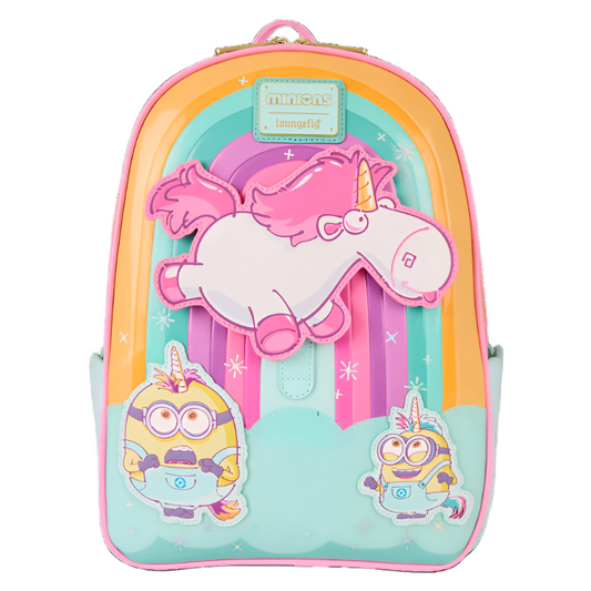 Backpack with Fluffy the unicorn and Minions Otto and Bob design on a white background