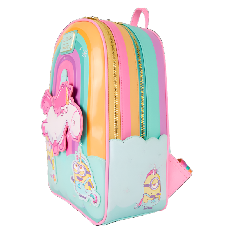 Colorful backpack with Stuart the Minion on the side on a white background