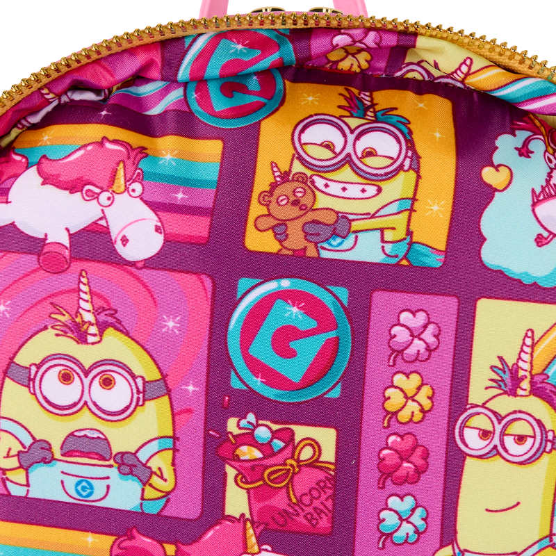 Colorful backpack with Minions and patterns on a purple background