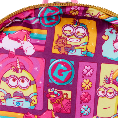 Colorful backpack with Minions and patterns on a purple background