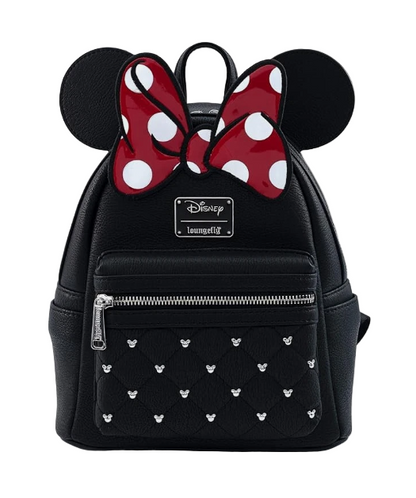 Black mini backpack with Minnie Mouse ears and bow design on a white background