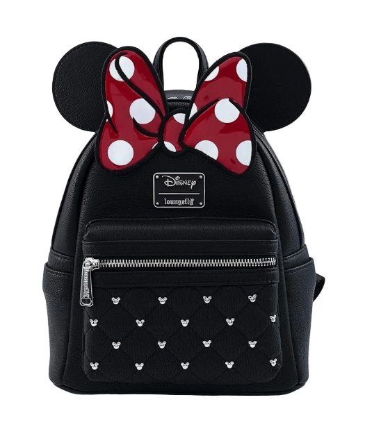Black mini backpack with Minnie Mouse ears and bow design on a white background