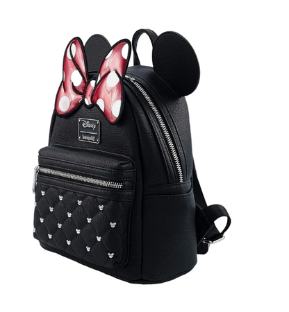 Black mini backpack with Minnie Mouse ears and bow on a white background