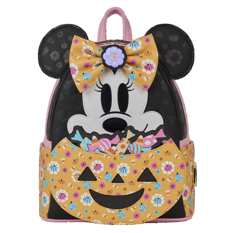 Backpack with Minnie Mouse design featuring a bow and candy-themed pattern on a white background