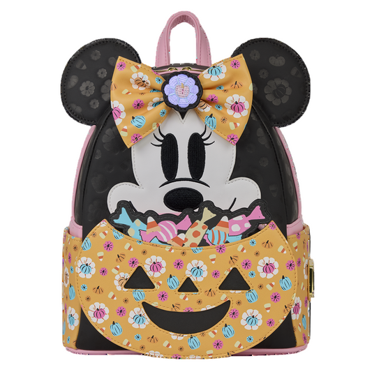 Backpack with Minnie Mouse design featuring a bow and candy-themed pattern on a white background