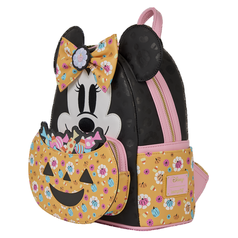 Backpack with Minnie Mouse design featuring a pumpkin and floral details on a white background